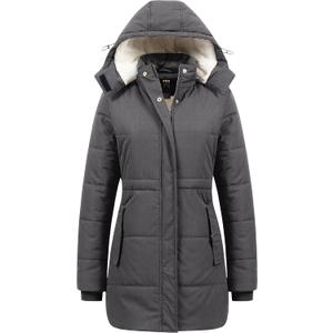 CREATMO US Women's Thicken Sherpa Winter Coat Puffy Warm Snow Jacket With Removable Hood (Dark Grey)