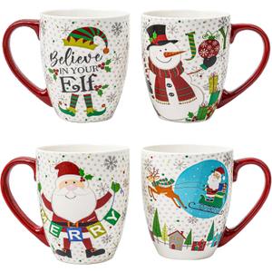 Topadorn Christmas Ceramic Coffee Mug Travel Cup Gift with Lid 18 oz, Porcelain Tea Cup with Handle for Home & Office, Set of 4 Mugs Holiday Gift for Friends and Family
