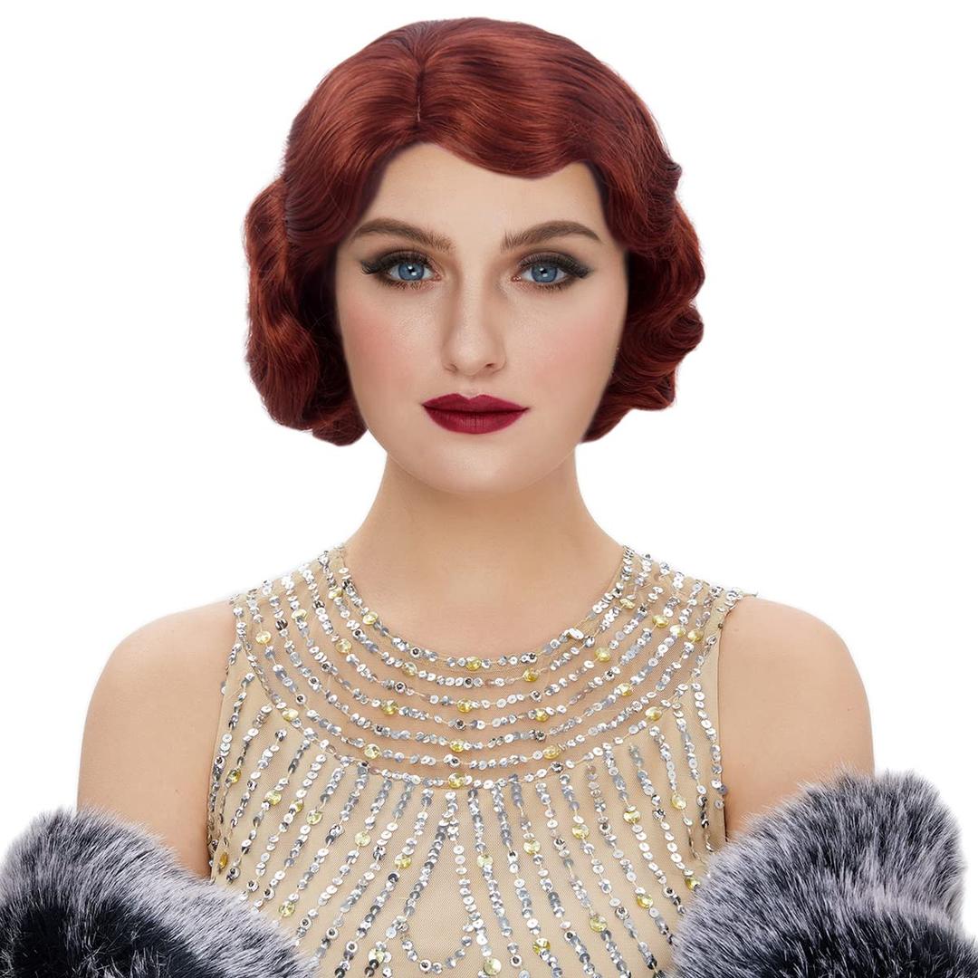 STfantasy 20S Finger Wave Wig Flapper Curly Synthetic Hair for Women 1920s Cosplay Costume Halloween Party Daily Everyday Wear (Reddish Brown)