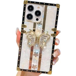 Cute Compatible with iPhone 15 Pro Max Case, Luxury Bling Butterfly Design with Foldable Stand Kickstand for Women & Girls, Flexible Shockproof Protective Case 6.7 (White)
