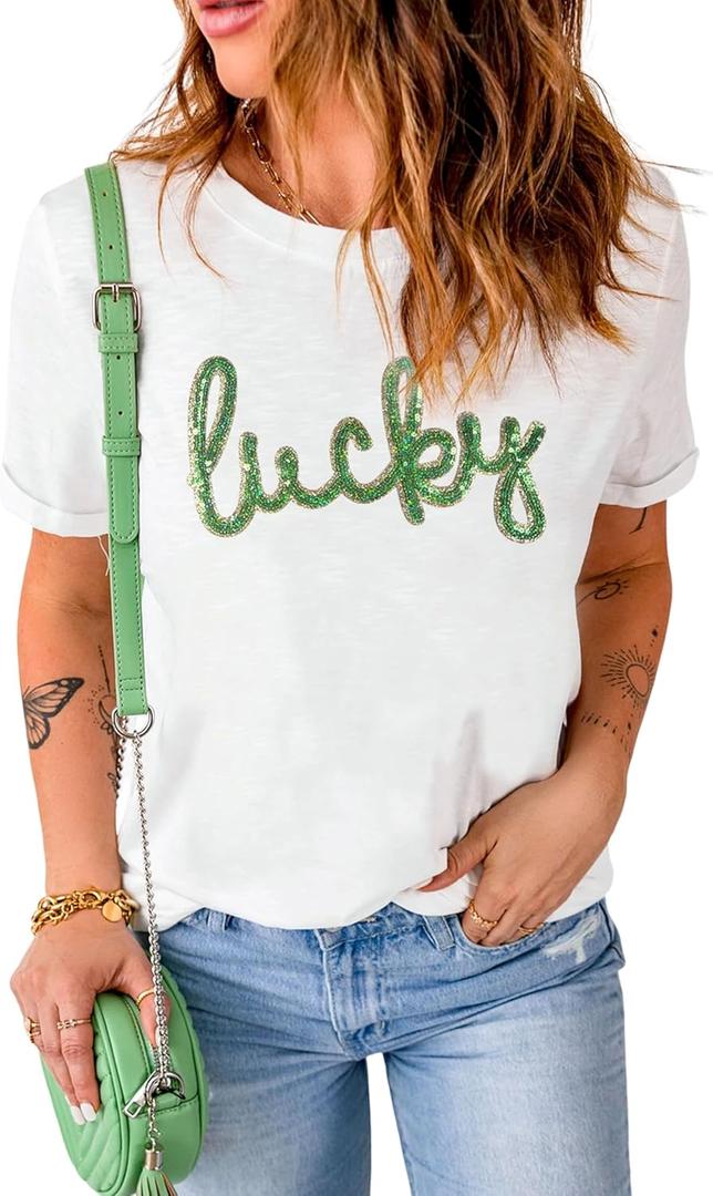SELINK Womens Summer Short Sleeve Tops Halloween Sequin Pumpkin Printed T Shirts Casual Basic Graphic Tees (White, L)