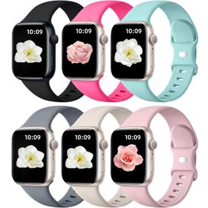 Maledan 6 Pack Bands Compatible for Apple Watch Band 38mm 40mm 41mm 42mm 44mm 45mm 46mm 49mm Women Men, Soft Silicone Sport Band Strap for iWatch Apple Watch Series 11 10 9 8 7 6 5 4 3 2 1 SE Ultra (Black/ Rose Pink/ Soft Mint/ Space Gray/ Starlight/ Light Pink)