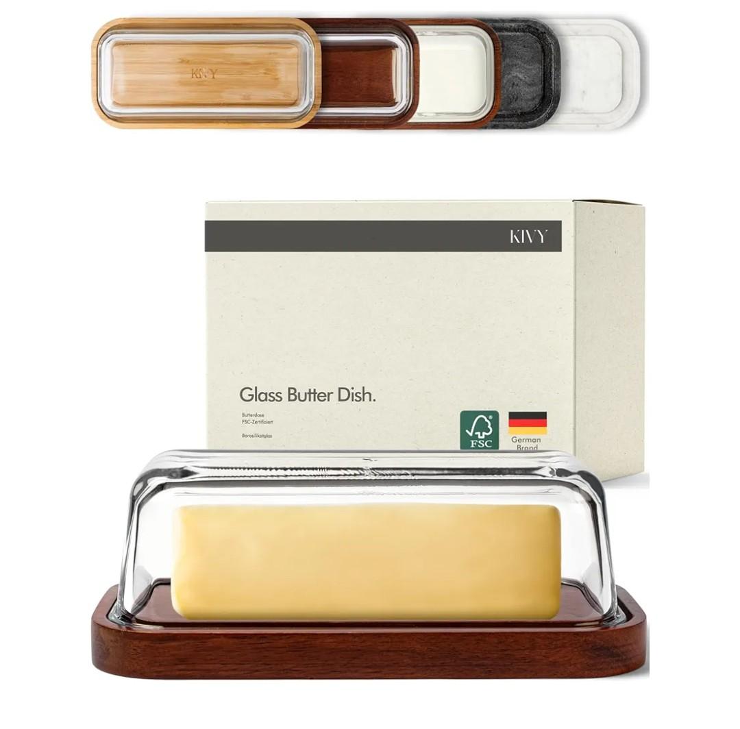 KIVY Glass butter dish with airtight lid that keeps butter soft - For countertop and refrigerator door shelf - Butter tray fridge - Butter holder for counter - Covered butter dishes with lid