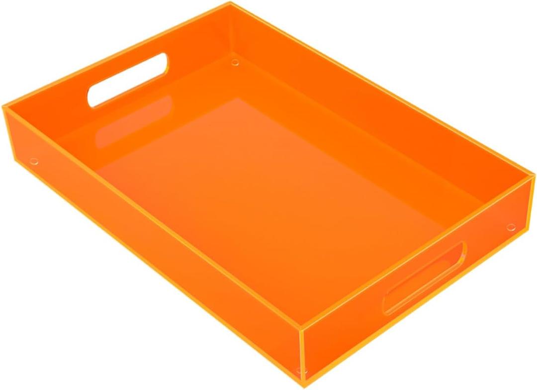 Large Acrylic Tray Ottoman Coffee Table Tray with Handles 17x13'' Decorative Serving Platter for Food Tea Dinner Snack Eating Bar Party, Neon Orange