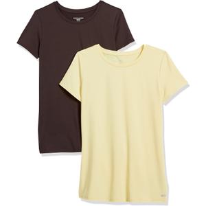 Amazon Essentials Women's Tech Stretch Short-Sleeve Crewneck T-Shirt - Discontinued Colors, Pack of 2, Dark Brown/Light Yellow, Medium 