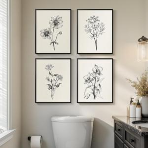 Framed Black and White Bathroom Wall Art, 4 Piece Vintage Floral Canvas Prints Artwork for Modern Farmhouse Walls, Rustic Minimalist Flower Botanical Pictures for Bedroom Living Room Wall Decor, 8x10