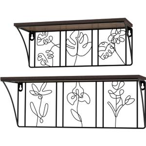 QUTREY Plant Wall Art Floating Shelves Set of 2, Minimalist Metal Abstract Decor Rustic Wooden Shelf for Living Room, Bedroom, Bathroom (Brown&Black)