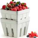 Gomakren Ceramic Berry Basket Set of 2, Square Fruit Bowl with Holes, Small Fruit Basket Containers for Kitchen Counter, Berries, Strawberry, Grape, Cherry, White (4.0 Inch)