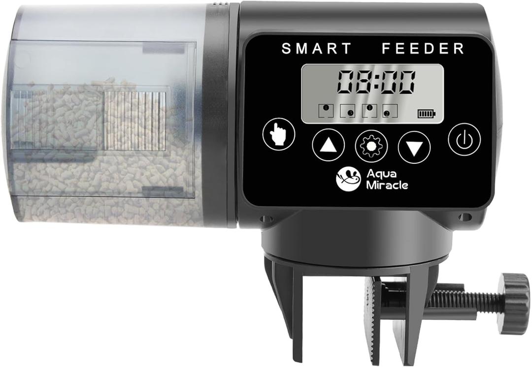 AquaMiracle Programmable Automatic Fish Feeder for Aquarium, Auto Fish Food Dispenser with Timer, Volume Adjustable Vacation Aquarium Feeder with Digital Display, for Granules Pallets Strips