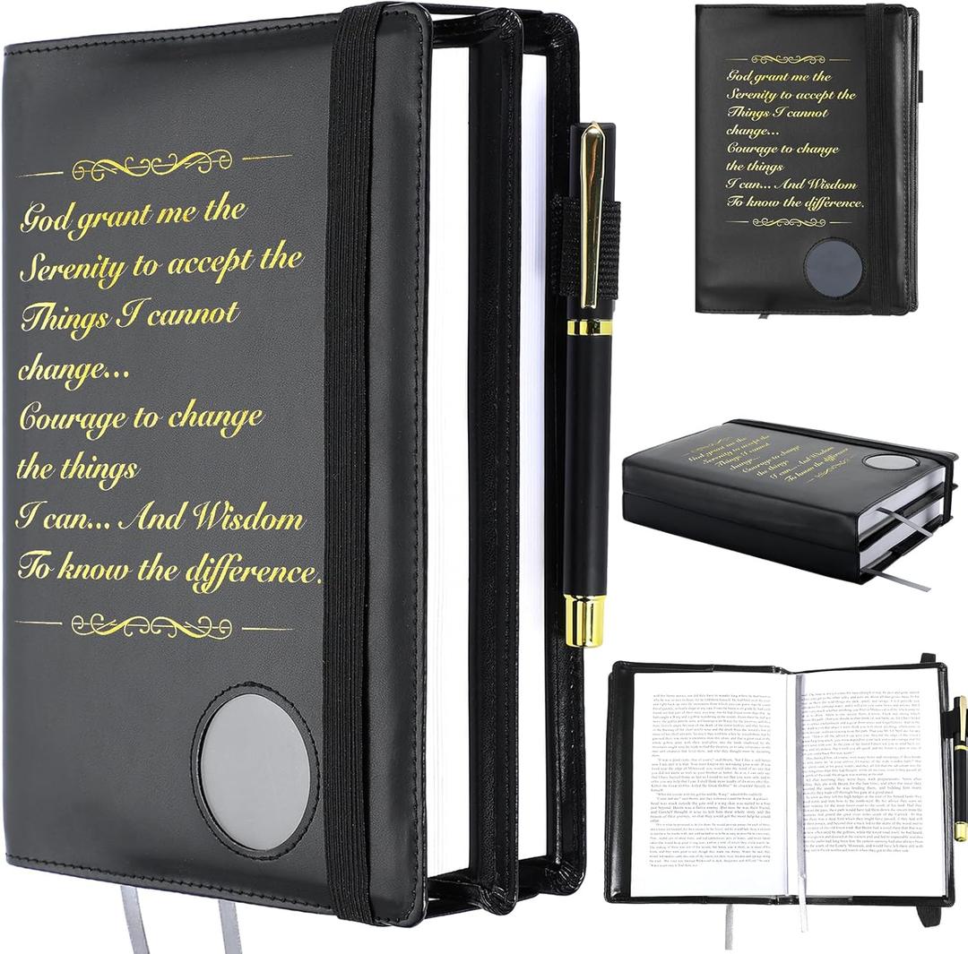 Double Alcoholics Anonymous AA Big Book Cover for 12 Steps & 12 Traditions With Medallion Holder, Pen Clip - AA Gifts for Serenity Prayer, Black