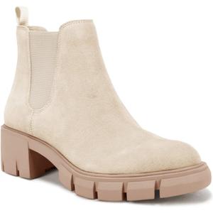Juliet Holy Womens Lug Sole Platform Ankle Booties Chelsea Slip on Chunky Block Heel Leather Combat Boots (Beige)