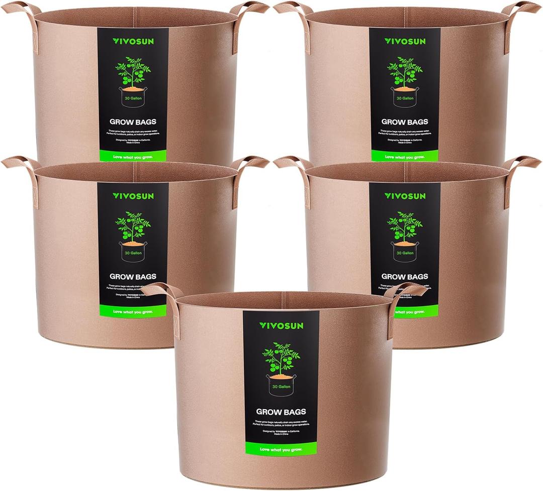 VIVOSUN 5Pack 30 Gallons Grow Bags Heavy Duty Thickened Nonwoven Fabric Pots with Strap Handles, Tan