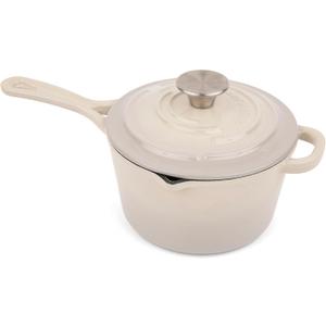 Larder & Vine Enameled Cast Iron Saucepan | 2.2 qt Sauce Pan with Lid | Saucepan with Pour Spouts | Enameled Cast Iron Pot Compatible on All Cooktops & Oven Safe to 500 F | Stone