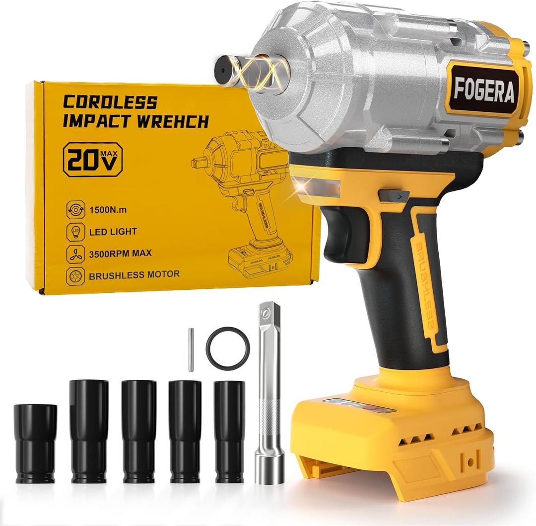 Cordless Impact Wrench 1/2 Inch - Compatible with Dewalt 20V Batteries, 1100 Ft-lbs (1500N.m) High Torque Impact Driver, Brushless Impact Gun with 3 Speed Modes & LED Light (Battery Not Included)