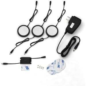 EShine Black Matte Under Cabinet Puck Lights with Hand Wave Sensor  Circular LED Cabinet Lights  Dimmable  Pack of 3, Cool White (6000K)