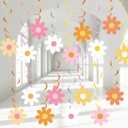 60pcs Daisy Flower Hanging Swirls Colorful Daisy Foil Swirls Ceiling Hanging Decor Flower Cutouts Party Supplies for Boho Hippie Groovy Retro Themed Birthday Baby Shower Spring Party Decorations Favor