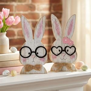 Easter Bunny Decor - 2 Pack Wooden Rustic Easter Table Decorations for Home, Farmhouse Spring Rabbit Decor Sign for Mantel Shelf Centerpiece Office Party (Pink)