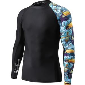 HUGE SPORTS Men's Rash Guard Long Sleeves UPF 50+ UV Sun Protection Quick Drying Splice Compression Swim Shirts (Black, XL)