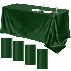 TURSTIN 4 Packs Satin Tablecloth 102 x 58 Inch Overlay Satin Table Cover Rectangle Bright Silk Tablecloth Smooth Fabric Table Decoration for Wedding Banquet Party Events, Dark Green
