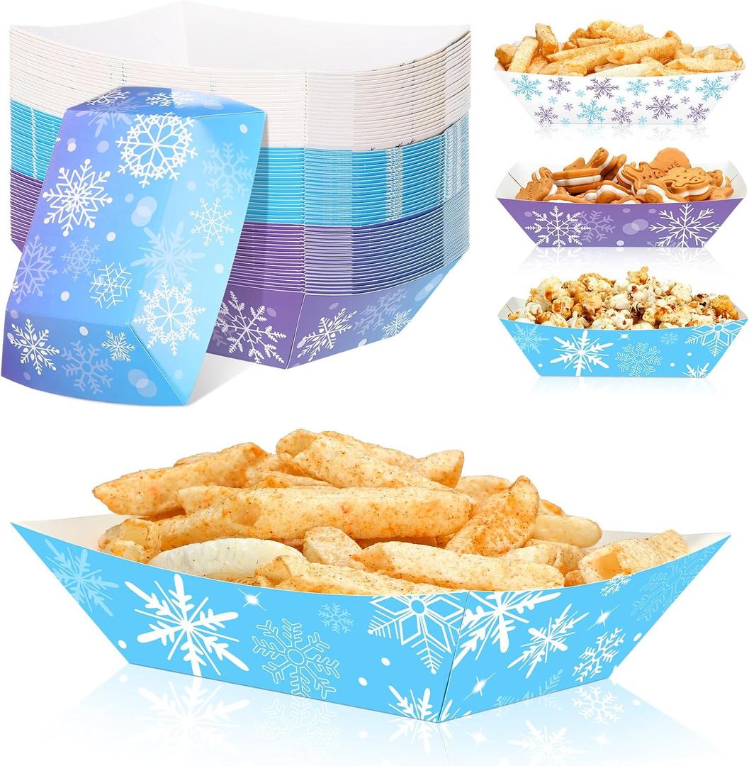 Ctosree 60 Pcs Winter Snowflake Paper Food Trays Blue and Purple Snowflake Winter Wonderland Disposable Paper Snack Bowl for Holiday Birthday Party Supplies Decorations
