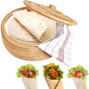 10.2 Inches Rattan Tortilla Warmer, Handcrafted Tortilla Basket with Lid, Sustainable Brown Tortilla Holder Come with Cotton Towel Cloth Rustic Mexican Tortilla for Pancake Taco Bread