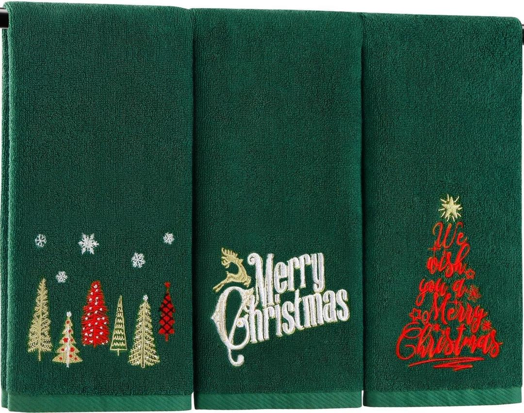 Quera 3 Pack Christmas Hand Towels 100% Cotton Embroidered Green Bathroom Decor Decorative Kitchen Towels Set for Drying, Cleaning, Cooking, Holiday Towels Gift Set