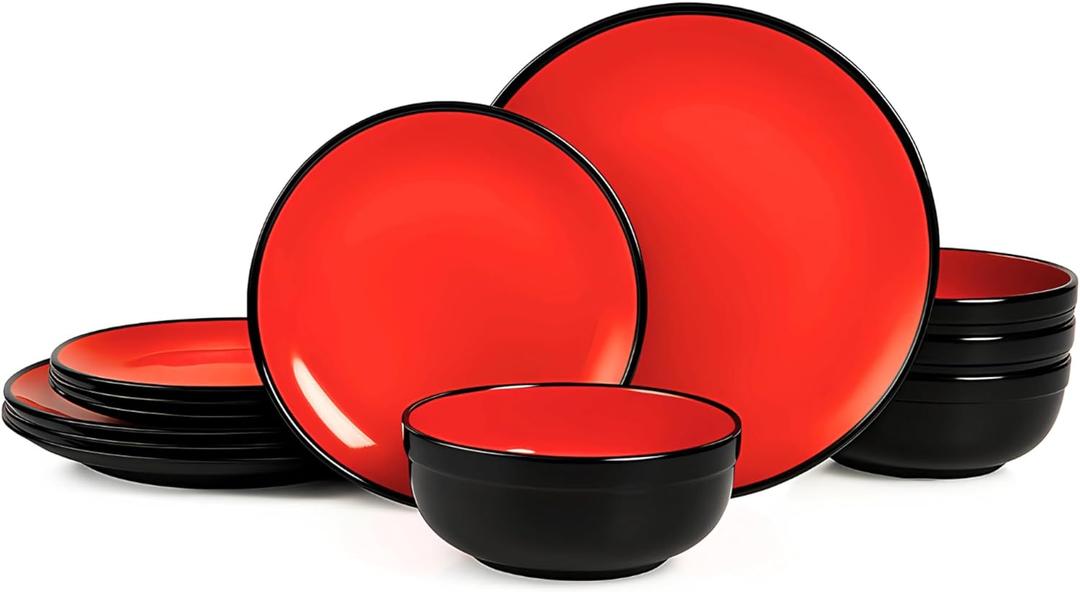 TP 12-Piece Dinnerware Set, Melamine Dishes Set with Bowls and Plates, Non-breakable and Lightweight Dinner Service for 4, Glossy Black and Red