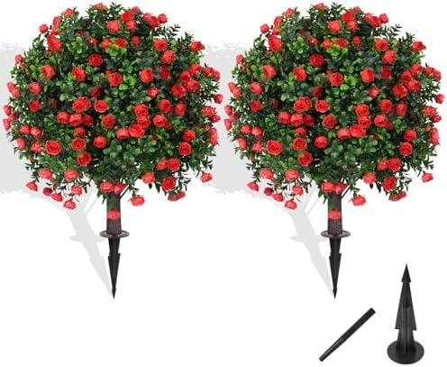 Grooy Artificial Boxwood Topiary Tree with Rose, Set of 2 Artificial Shrub Bushes with Ground Spike, Fake Evergreen Tree for Porch, Artificial Plants for Outdoor Planters Indoor UV Resistant