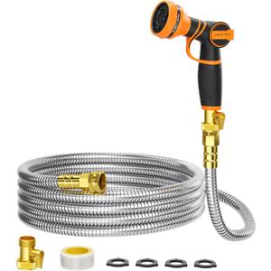 Girafe Tools Garden Hose 25ft x 5/8", 304 Stainless Steel Metal Water Hose, No Kink Garden Water Hose with 9 Pattern Spray Nozzle, Flexible, Lightweight, Kink Free Hose for Yard, Outdoor