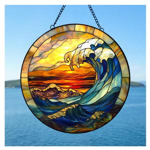 Stained Glass Suncatcher, Handcrafted Window Panel, Coastal Ocean Wave Decor,9.8-Inch Sun Catcher for Window, Wall Art, Housewarming Gifts for Art & Nature Enthusiasts