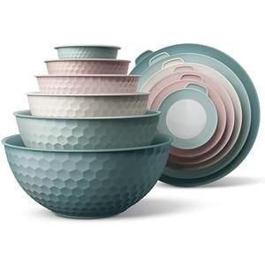 COOK WITH COLOR Mixing Bowls with Lids - 11 Piece Plastic Nesting Bowls Set includes 5 Prep Bowls and 5 Lids, Non Slip Bottom and Embossed Design - Microwave Safe (Teal)