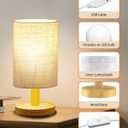 Small Table Lamp for Bedroom - Inline Control, Bedside Lamp for Warm Light LED Desk Lamp, Wood Base Round Flaxen Fabric Shade for Kids Room, Living Room, College Dorm, Home, Office