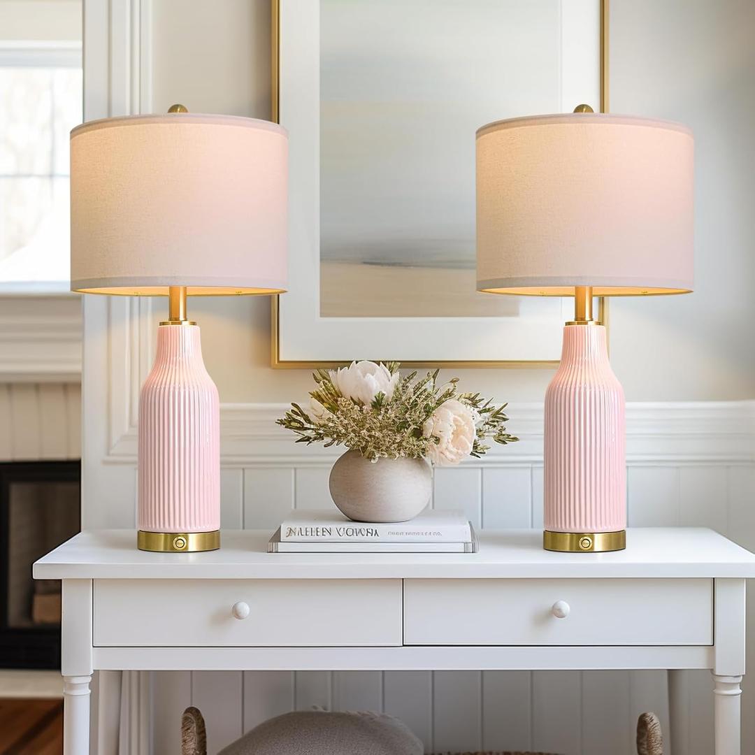 USumkky 24.5" Modern 3-Way Dimmable Touch Control with 5FT Cord & USB A+C Ceramic Lamps Set of 2 Table Lamp for Living Room Bedroom Farmhouse Nightstand Bedside Pink