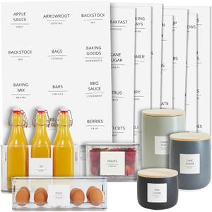 Talented Kitchen Minimalist Food Labels - 2.5" x 2.5" Matte White Vinyl, Pack of 157 - Pantry & Fridge Container Labels for Jars & Bins - Preprinted Food Storage Stickers, Water-Resistant (Black)
