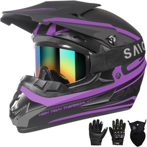 Youth Kids Motocross Helmet, ATV Dirt Bike Helmet, Off-Road BMX 4-Wheeler Full Face Motorcycle Helmet W/Goggles Gloves & Mask, DOT Approved (Purple, X-Small)