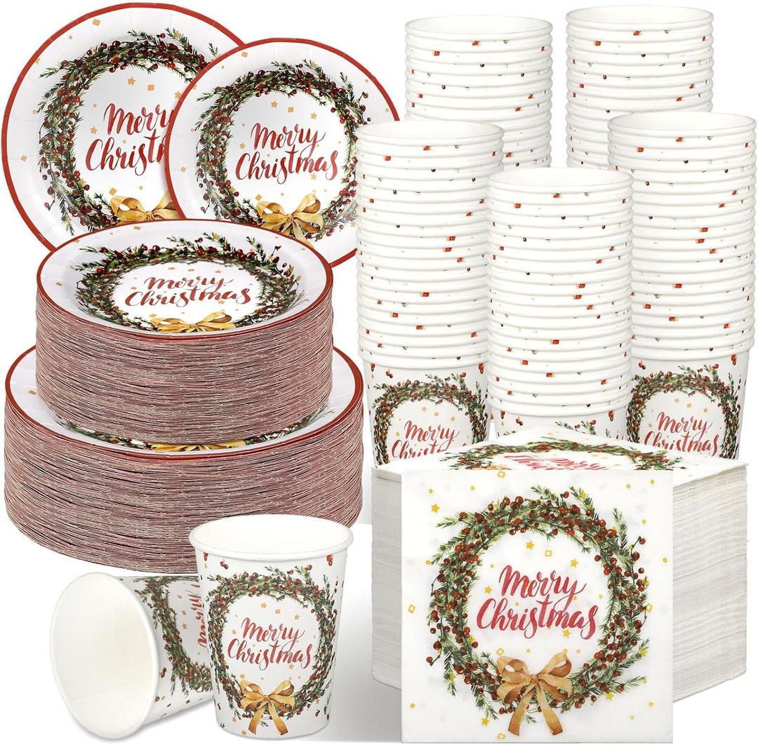 Jinei 250 Pcs Christmas Tableware Set for 50 Guests Christmas Paper Plates and Napkins Disposable Cups Xmas Dinnerware Party Supplies for Xmas Dinner Winter Party Table Decoration (Garland)
