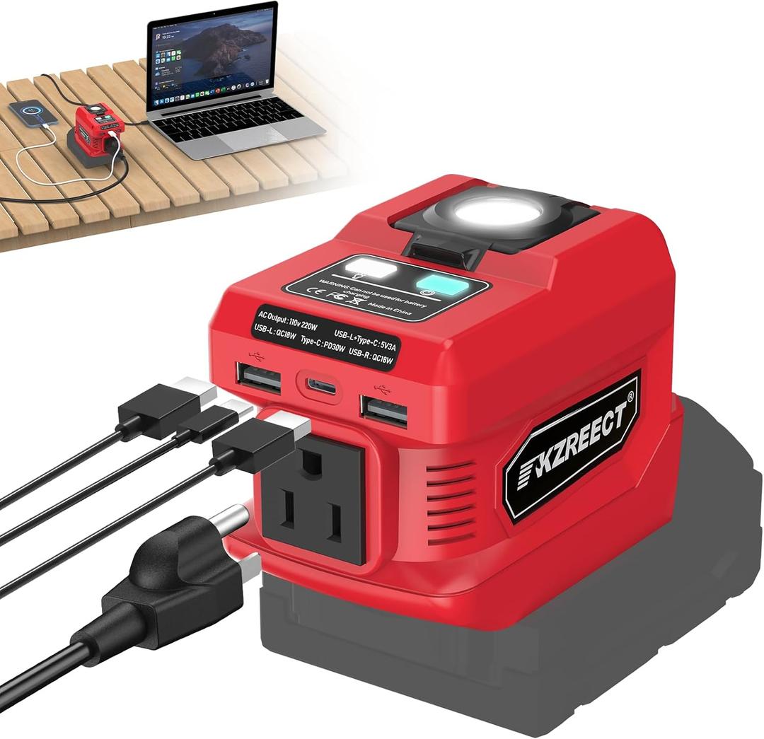Kzreect 220W Power Inverter Compatible with Milwaukee 18V Batteries (Battery Not Included), DC to 110V AC Converter with 1 AC Outlet, USB-C, Dual USB-A & 400LM LED  Outdoor, Camping & Emergency Use (red)