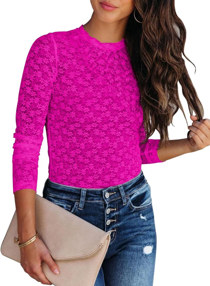 Lace Undershirt for Women Mesh Long Sleeve Floral Crochet Tops Sheer Layering Blouse Western Cowgirl Concert Outfits (Pink, S)
