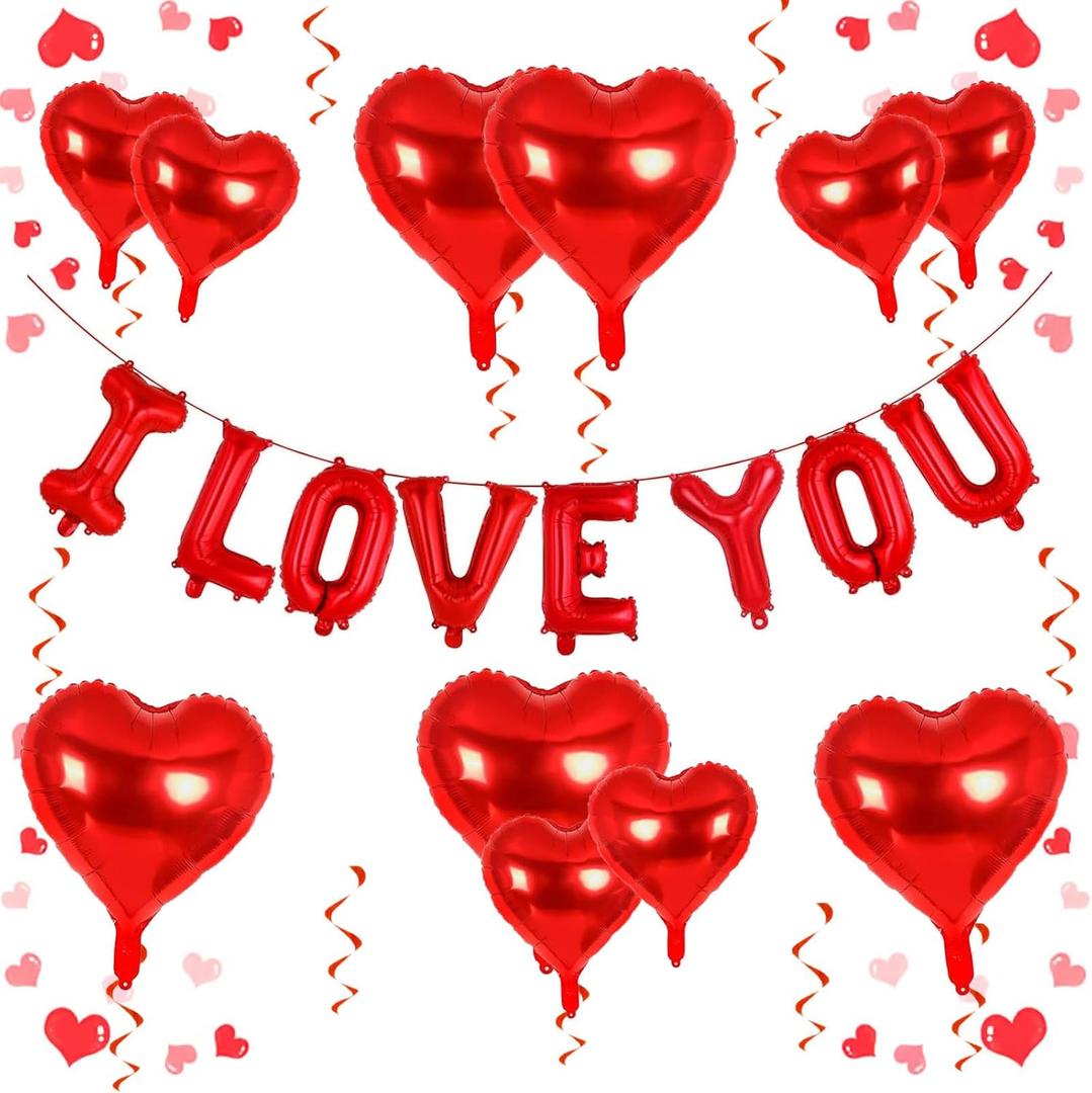 16 Inch Red I LOVE YOU Balloons And Heart Balloon, Foil Mylar Happy Valentines Day Balloons For Him/Her Valentine, Wedding Anniversary, Engagement Romantic Decorations