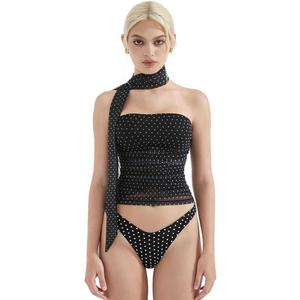 SUUKSESS Women Ruched Strapless Mesh Tube Top Y2k Sleeveless Bandeau Tank Tops with Scarf 2025, XS