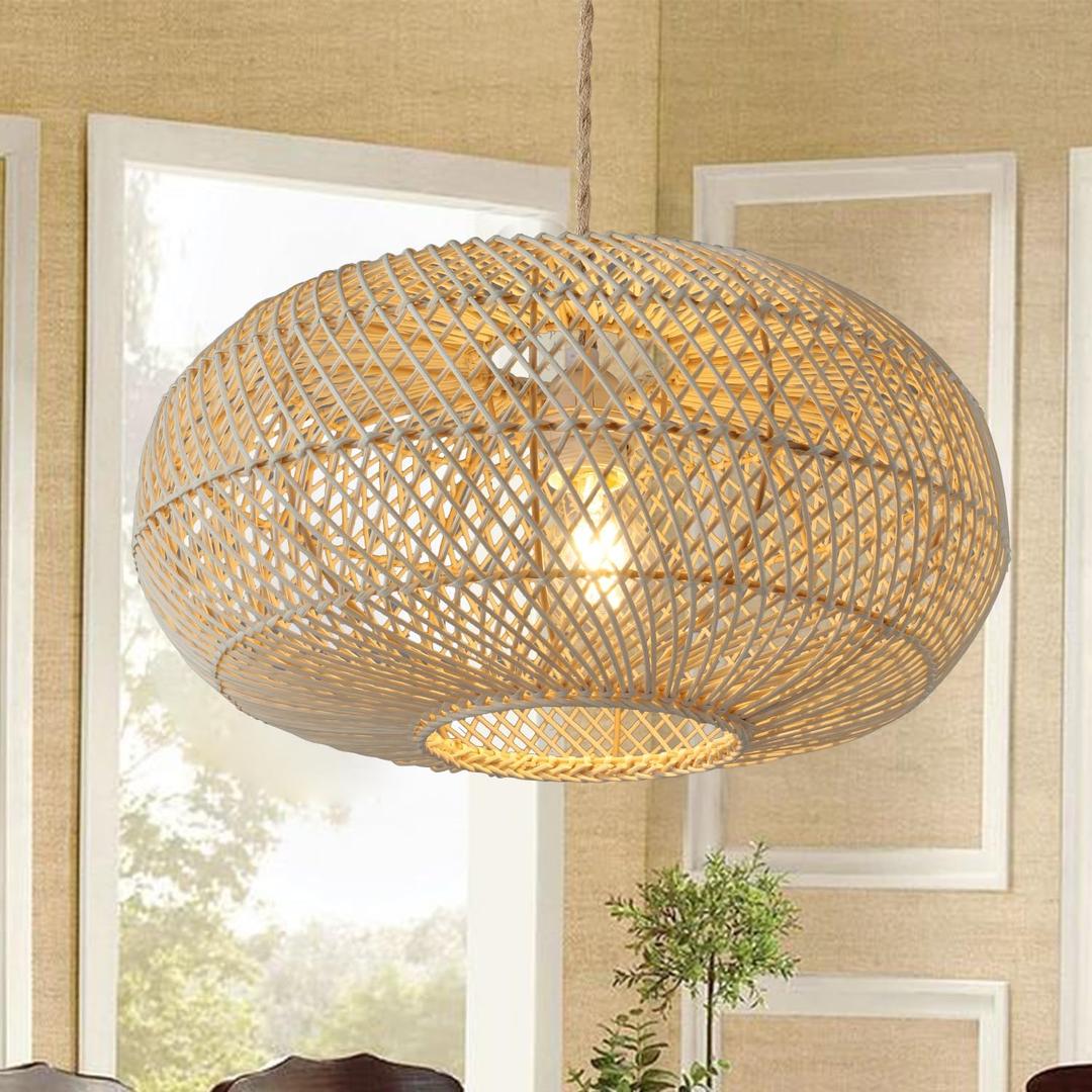 Rattan Pendant Light 16" 1-Light Hand-Woven Rattan Hanging LightWicker Woven Basket ChandelierModern Bohemian Pendant Lamp for Kitchen Island Foyer Farmhouse Porch