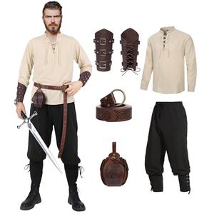 DIYLN 4 Pcs Renaissance Costume Men Medieval Shirt Ankle Banded Pants Halloween Costumes Pirate Cosplay Outfit with Viking Accessories Pouch Belt Arm Guards DY036, L