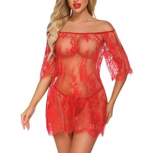 Avidlove Women Plus Size Lingerie Lace Babydoll Showder Off Chemise Sexy Sleepwear Red Large