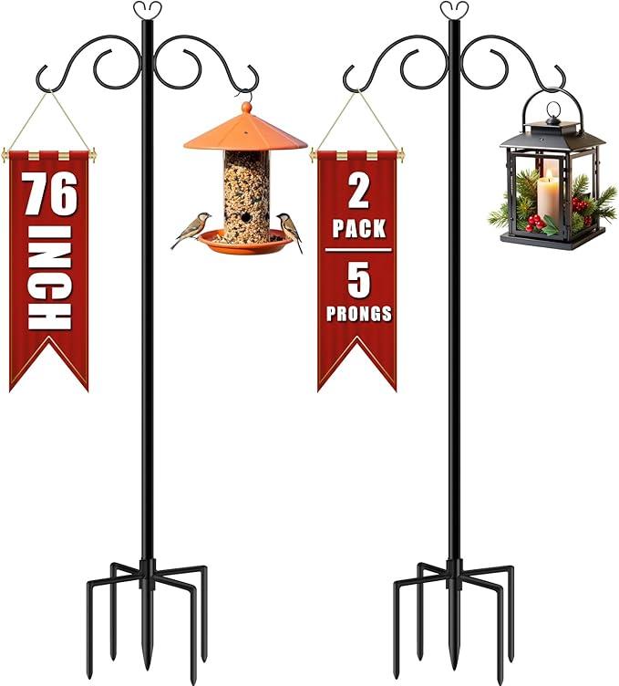 Double Shepherds Hooks for Outdoor Heavy Duty, 2 Pack 76 Inch Bird Feeder Pole with 5 Prongs Base, Adjustable Tall Shepherds Hook for Garden Hooks for Hanging Plants Flower Basket, Lantern