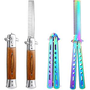 Chengu 2 Pieces Wood Grain Switchblade Blade Pocket Hair Brush Comb Automatic Push Button Brush and Folding Butterfly Stainless Steel Training Practice Comb Outdoor(Iridescent)