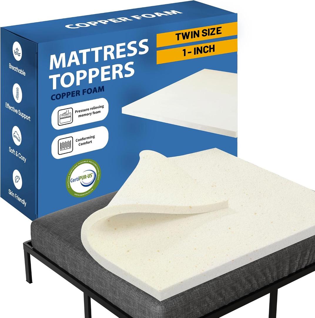 Greaton, 1-Inch Copper-Infused Memory Foam Mattress Toppers, Cooling and Pressure Relieving with Airflow Design, Twin, Beige