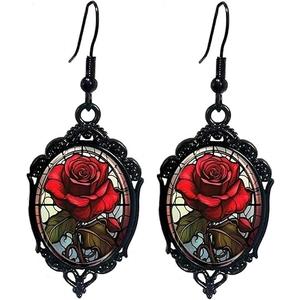 Gothic Rose Cameo Dangle Earrings,Vintage Crystal Glass Flower Drop Earring Dark Punk Style Rose Earring Victorian Mystic Jewelry Accessories for Women