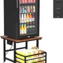 EYOCAL Mini Fridge Stand with Power Outlets, 19.7" x 19.7" Large Tabletop Heavy Duty Stand with Pull-Out Basket, Adjustable Feet & Wheels, for Kitchen, Dorm, Office, Rustic Brown and Black