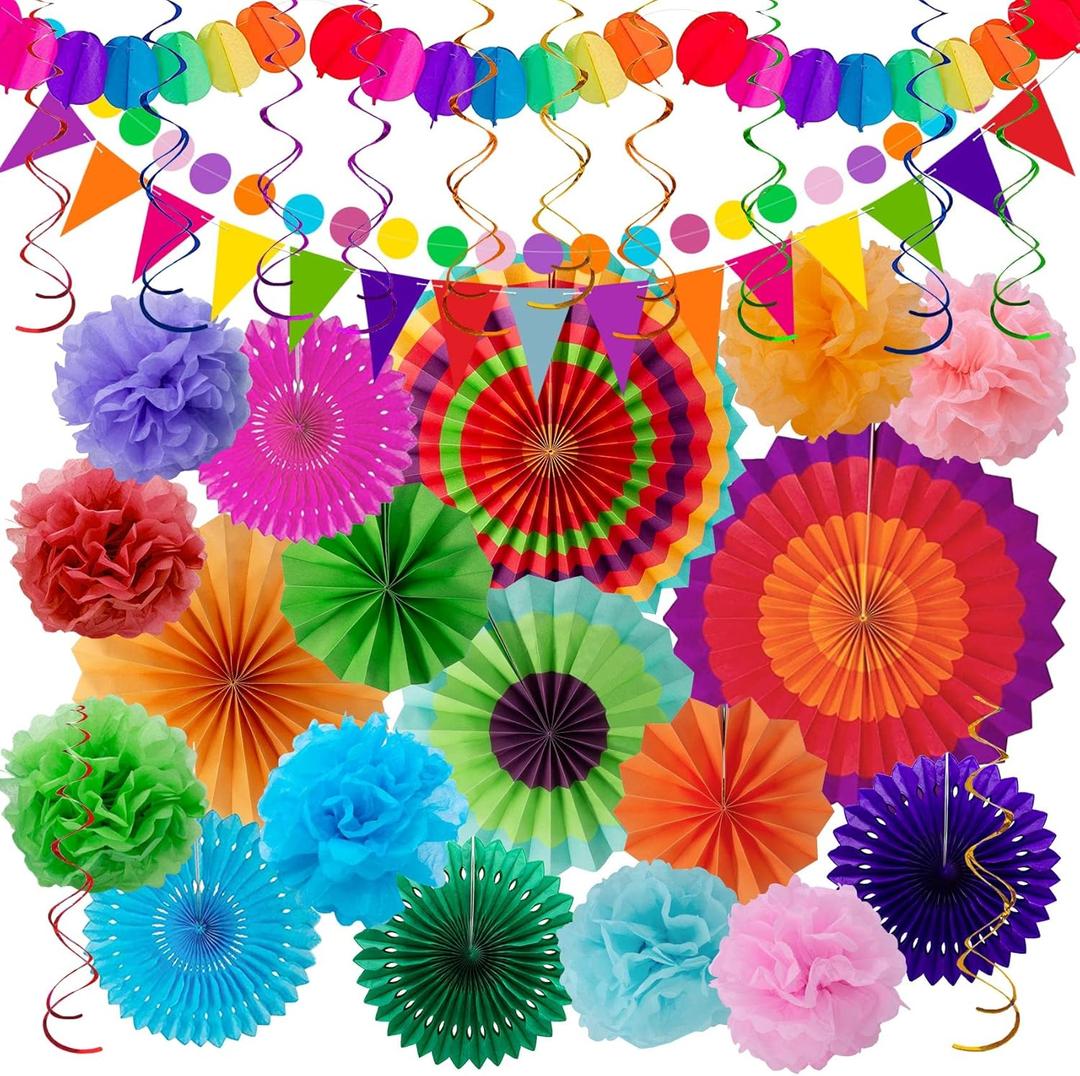 Huryfox Fiesta Party Decorations - 33pcs Colorful Mexican Themed Hanging Paper Fans, Rainbow Pom Poms, Fiesta Bunting and Tissue Paper Streamers for Birthday, Festival, and Rainbow Parties (Multicolor)
