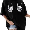 Skeleton Hand Oversized Tee Women Halloween Punk Rock Shirt Music Lover Rock N Roll Shirts Short Sleeve T Shirt (Medium, Black)